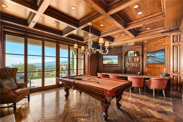 Billiard Table, Chandelier, Game Room, Interior, Recessed Lighting, Wooden Beams, Wooden Ceilings, Wood Texture Flooring, Wooden Walls