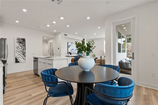 Dining room, Interior, Kitchen, Recessed Lighting, Wood Texture Flooring