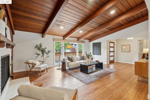 Fireplace, Interior, Living room, Recessed Lighting, Wooden Beams, Wooden Ceilings, Wood Texture Flooring