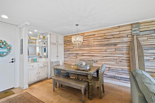 Dining room, Interior, Pendant Lights, Recessed Lighting, Wood Texture Flooring, Wooden Walls