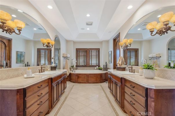 Bathroom, Chandelier, Dual Sink Vanities, Interior, Recessed Lighting