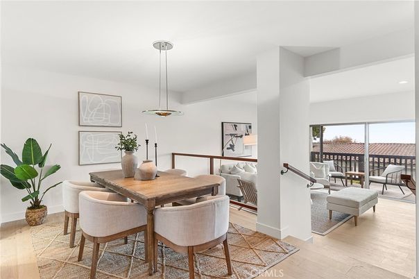 Dining room, Interior, Living room, Pendant Lights, Recessed Lighting, Wood Texture Flooring