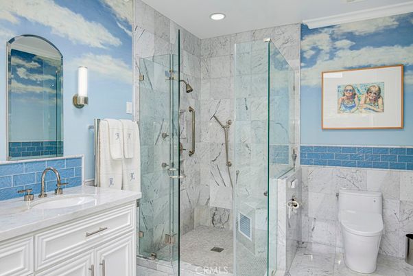 Bathroom, Glass Shower, Interior, Marble, Marble Walls, Recessed Lighting