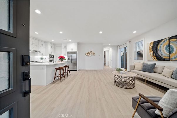 Interior, Kitchen, Living room, Recessed Lighting, Stainless Steel Appliances, Wood Texture Flooring
