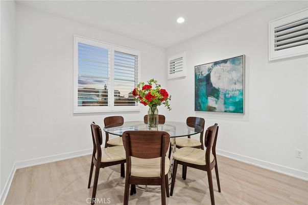 Dining room, Interior, Recessed Lighting, Wood Texture Flooring