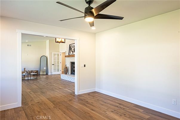 Empty room, Fireplace, Interior, Recessed Lighting, Wood Texture Flooring