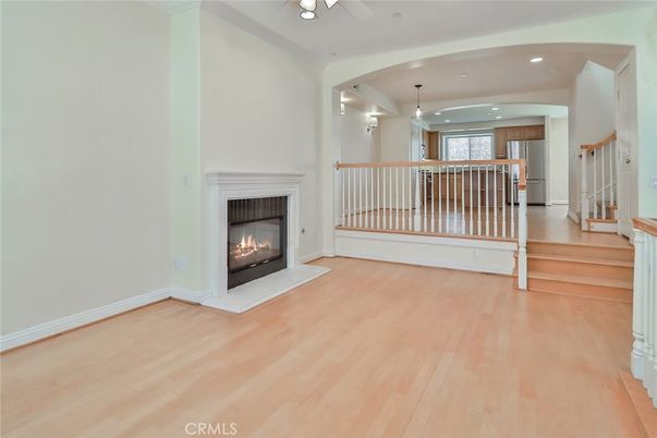 Fireplace, Interior, Kitchen, Pendant Lights, Recessed Lighting, Stainless Steel Appliances, Wood Texture Flooring