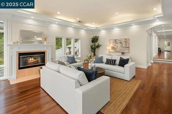 Fireplace, Interior, Living room, Recessed Lighting, Wood Texture Flooring