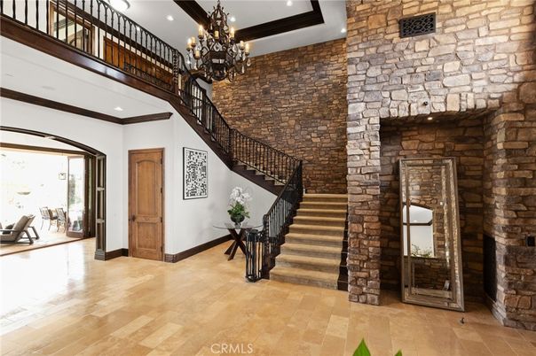 Chandelier, Interior, Recessed Lighting, Stone Walls, Wood Texture Flooring
