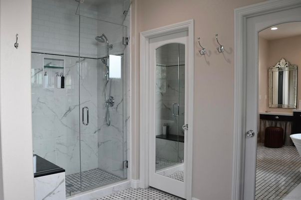 Bathroom, Glass Shower, Interior, Marble Walls, Recessed Lighting