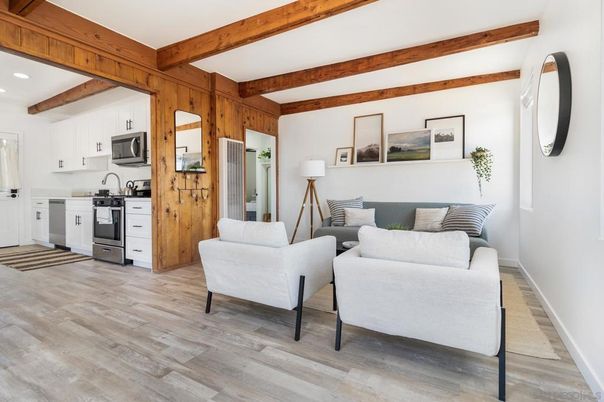 Interior, Kitchen, Living room, Recessed Lighting, Wooden Beams, Wood Texture Flooring