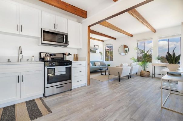 Interior, Kitchen, Living room, Stainless Steel Appliances, Wooden Beams, Wood Texture Flooring