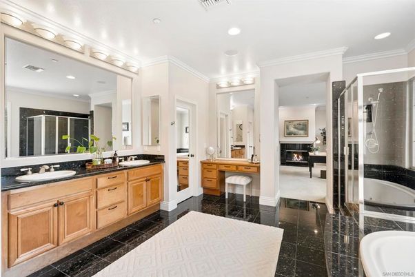 Bathroom, Dual Sink Vanities, Fireplace, Interior, Recessed Lighting