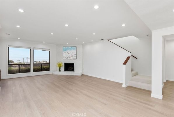 Empty room, Fireplace, Interior, Recessed Lighting, Wood Texture Flooring