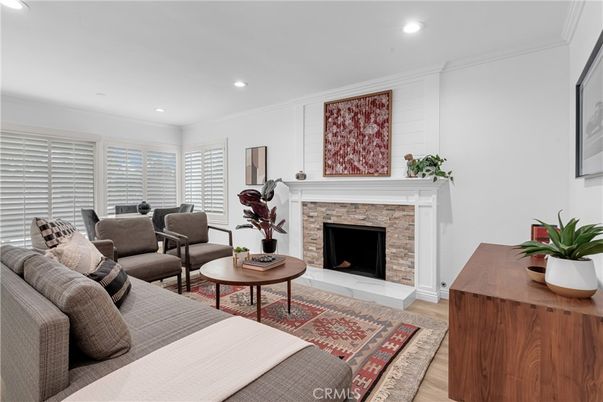 Fireplace, Interior, Living room, Recessed Lighting, Wood Texture Flooring