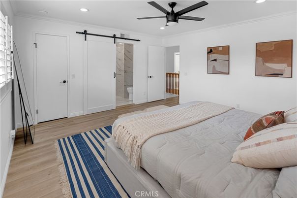 Bedroom, Interior, Recessed Lighting, Wood Texture Flooring