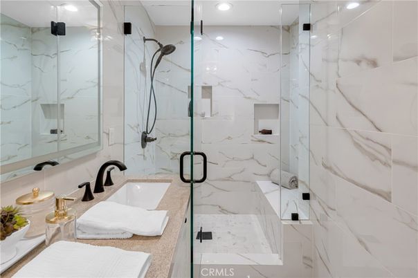 Bathroom, Glass Shower, Interior, Marble Walls, Recessed Lighting