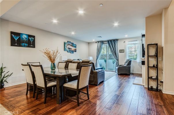Dining room, Interior, Living room, Recessed Lighting, Wood Texture Flooring