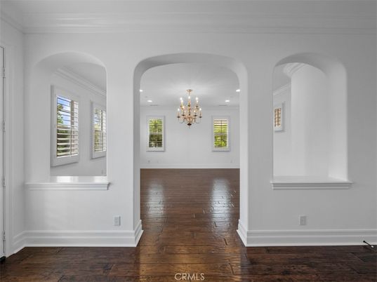 Chandelier, Empty room, Interior, Recessed Lighting, Wood Texture Flooring