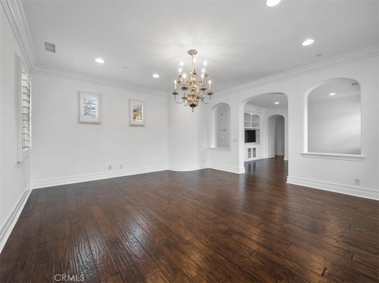 Chandelier, Empty room, Interior, Recessed Lighting, Wood Texture Flooring