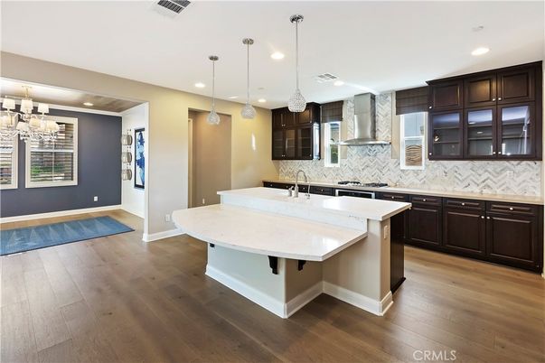 Chandelier, Interior, Kitchen, Pendant Lights, Recessed Lighting, Wood Texture Flooring
