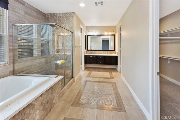 Bathroom, Glass Shower, Interior, Recessed Lighting, Wood Texture Flooring