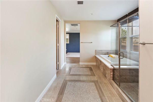 Bathroom, Glass Shower, Interior, Recessed Lighting, Wood Texture Flooring