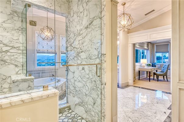 Bathroom, Chandelier, Glass Shower, Interior, Marble, Marble Walls, Pendant Lights