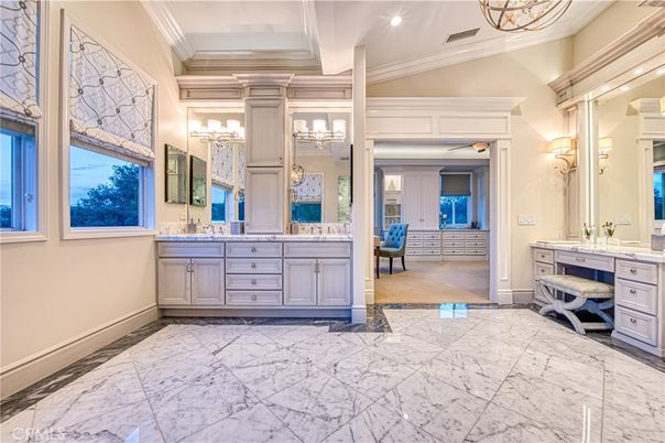 Bathroom, Dual Sink Vanities, Interior, Marble, Recessed Lighting