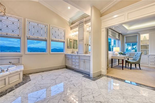 Bathroom, Dual Sink Vanities, Interior, Marble, Recessed Lighting