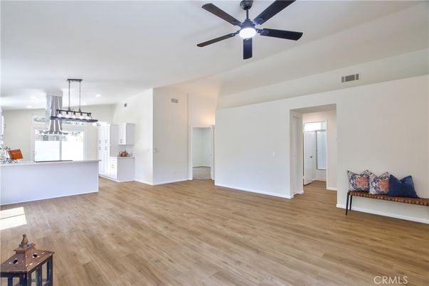 Empty room, Interior, Kitchen, Pendant Lights, Recessed Lighting, Wood Texture Flooring
