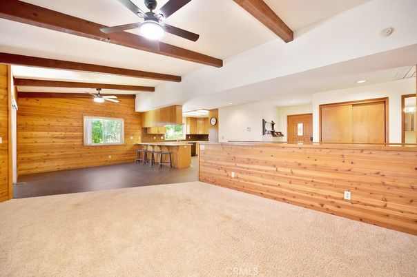 Empty room, Interior, Kitchen, Recessed Lighting, Wooden Beams, Wood Texture Flooring, Wooden Walls