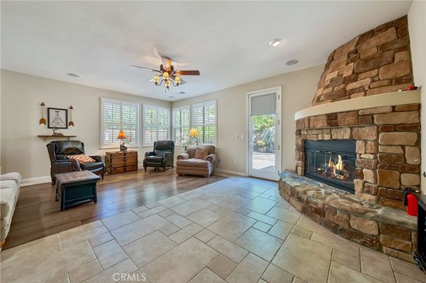 Fireplace, Interior, Living room, Recessed Lighting, Stone Walls