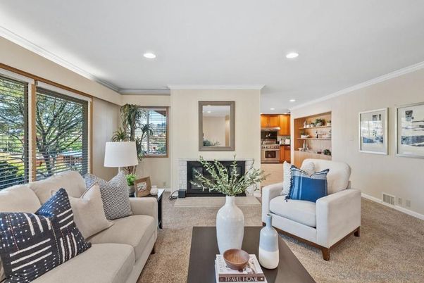 Fireplace, Interior, Kitchen, Living room, Recessed Lighting, Stainless Steel Appliances
