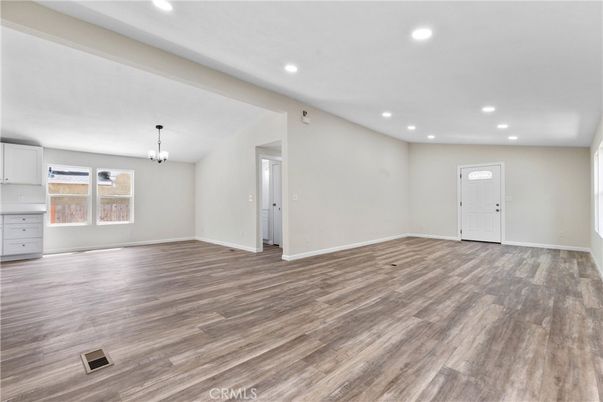 Chandelier, Empty room, Interior, Recessed Lighting, Wood Texture Flooring