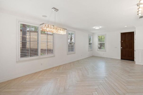 Chandelier, Empty room, Interior, Pendant Lights, Recessed Lighting, Wood Texture Flooring