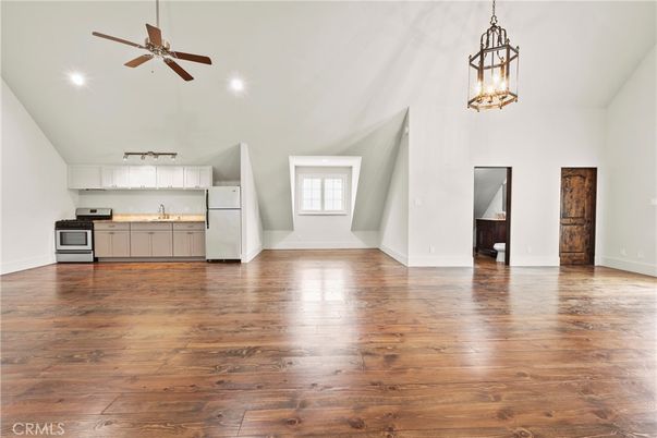 Empty room, Interior, Kitchen, Pendant Lights, Recessed Lighting, Wood Texture Flooring