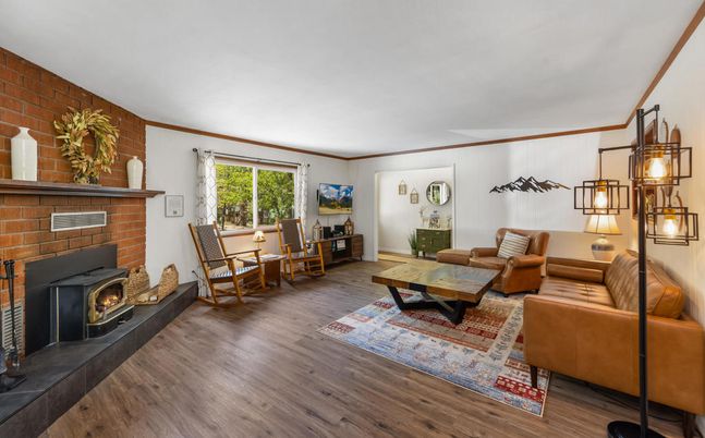 Fireplace, Interior, Living room, Stone Walls, Wood Texture Flooring