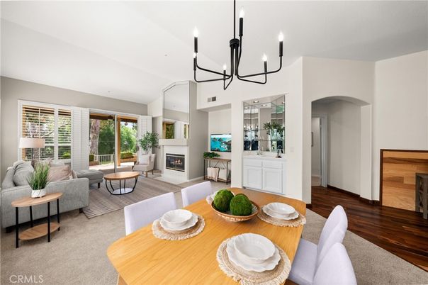 Chandelier, Dining room, Fireplace, Interior, Living room, Wood Texture Flooring