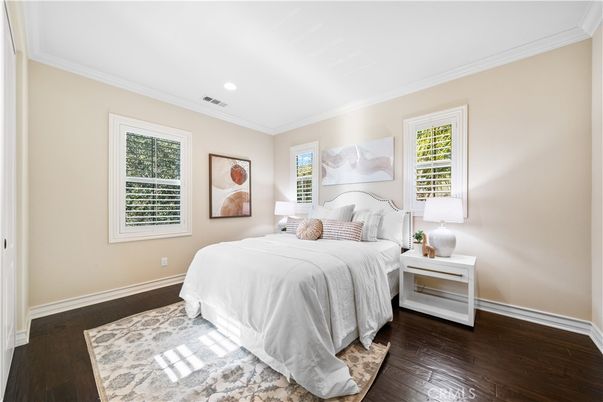 Bedroom, Interior, Recessed Lighting, Wood Texture Flooring