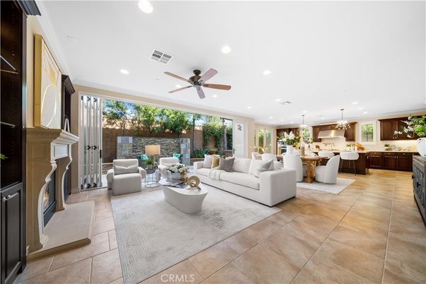Dining room, Fireplace, Interior, Kitchen, Living room, Pendant Lights, Recessed Lighting