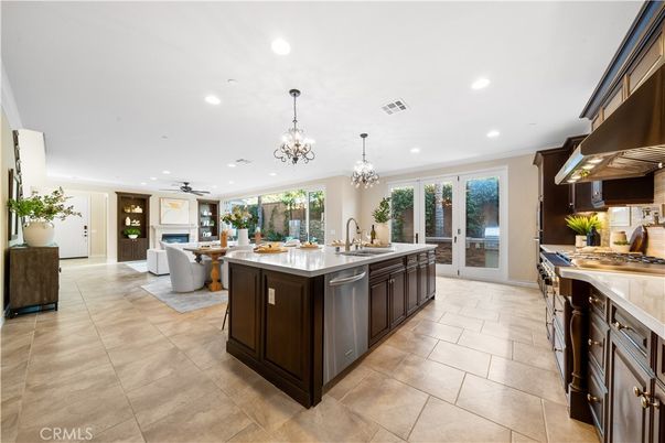 Chandelier, Dining room, Interior, Kitchen, Living room, Recessed Lighting, Stainless Steel Appliances