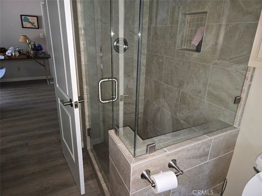 Bathroom, Glass Shower, Interior, Wood Texture Flooring