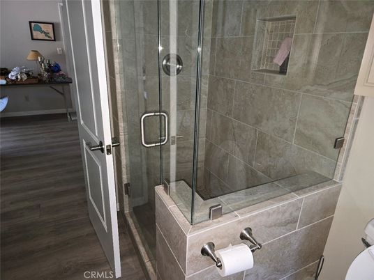 Bathroom, Glass Shower, Interior, Wood Texture Flooring