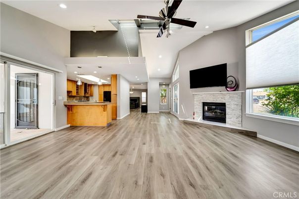 Fireplace, Interior, Kitchen, Recessed Lighting, Wood Texture Flooring
