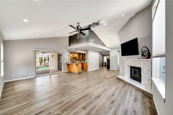 Fireplace, Interior, Kitchen, Recessed Lighting, Wood Texture Flooring