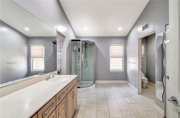 Bathroom, Glass Shower, Interior, Recessed Lighting, Wood Texture Flooring