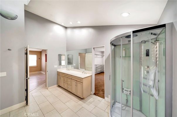 Bathroom, Glass Shower, Interior, Recessed Lighting, Wood Texture Flooring