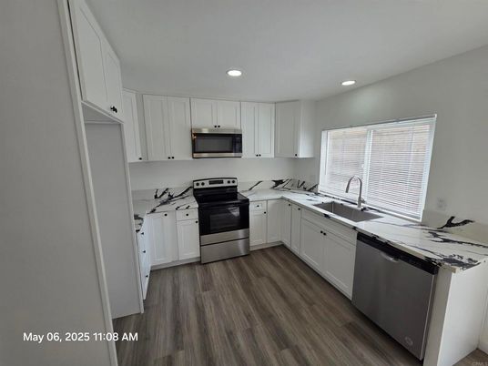 Interior, Kitchen, Recessed Lighting, Stainless Steel Appliances, Wood Texture Flooring