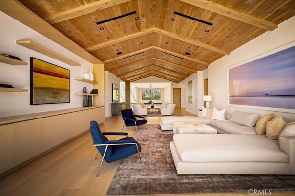 Dining room, Interior, Living room, Pendant Lights, Recessed Lighting, Wooden Beams, Wooden Ceilings, Wood Texture Flooring